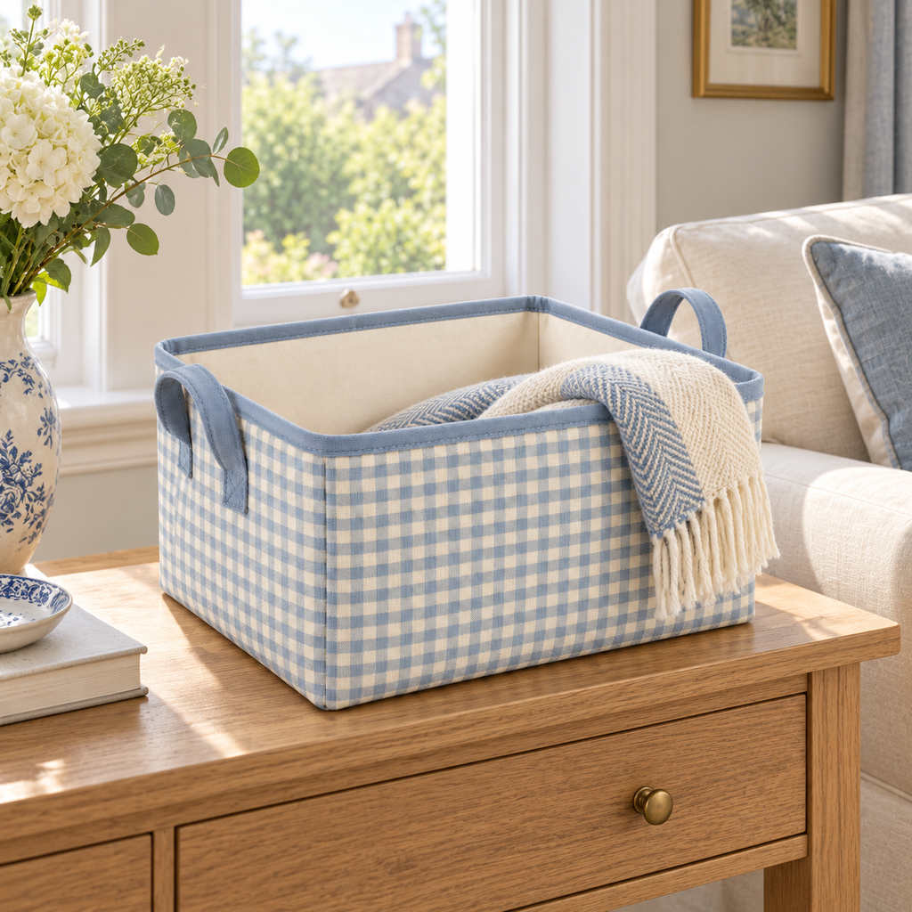 Blue Gingham Large Rectangular Fabric Storage Basket in a home storage setting