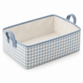 Blue Gingham Low Shelf Fabric Storage Basket on a white background