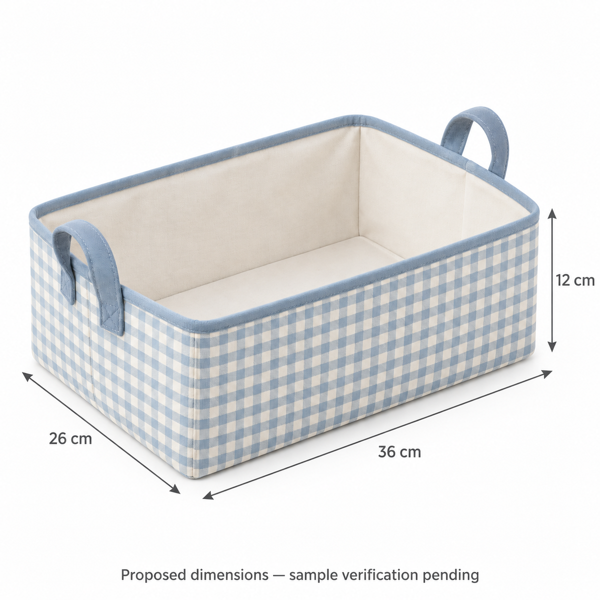 Blue Gingham Low Shelf Fabric Storage Basket showing proposed dimensions