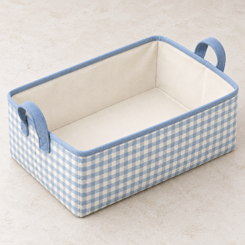 Blue Gingham Low Shelf Fabric Storage Basket showing fabric handles and open interior