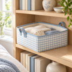 Blue Gingham Low Shelf Fabric Storage Basket in a home storage setting