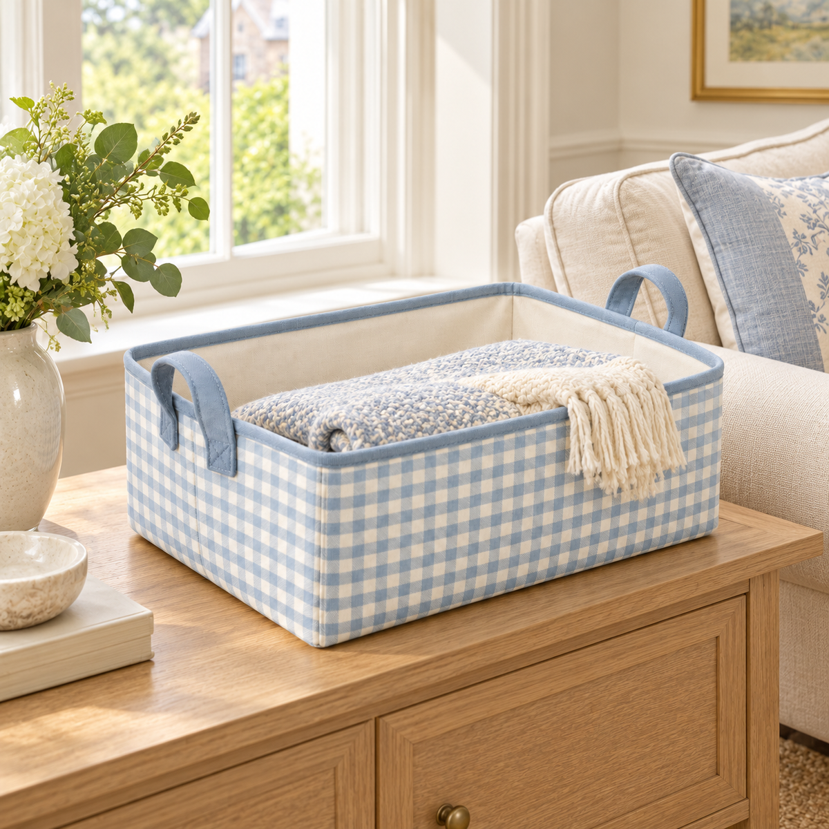 Blue Gingham Low Shelf Fabric Storage Basket in a home storage setting