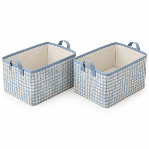 Blue Gingham Matching Pair Fabric Storage Baskets, 2-Piece Set on a white background