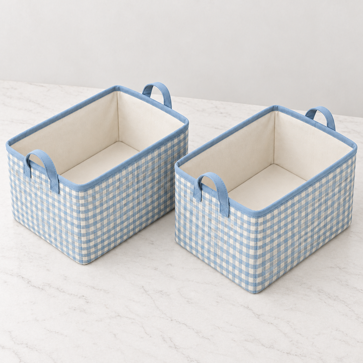 Blue Gingham Matching Pair Fabric Storage Baskets, 2-Piece Set showing fabric handles and open interior