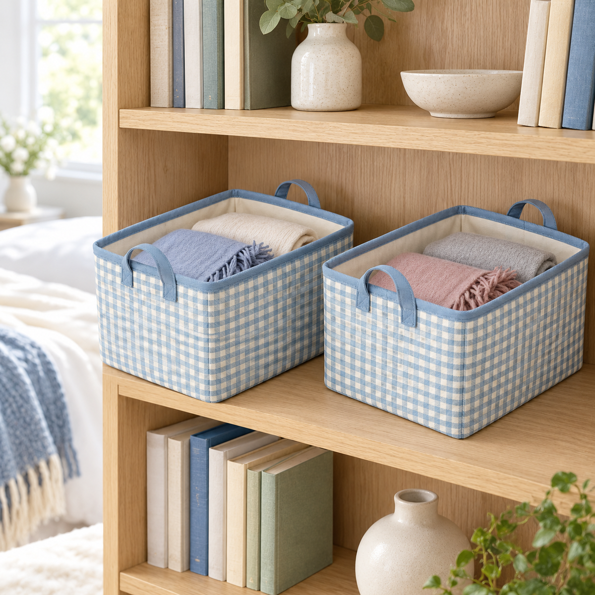 Blue Gingham Matching Pair Fabric Storage Baskets, 2-Piece Set in a home storage setting