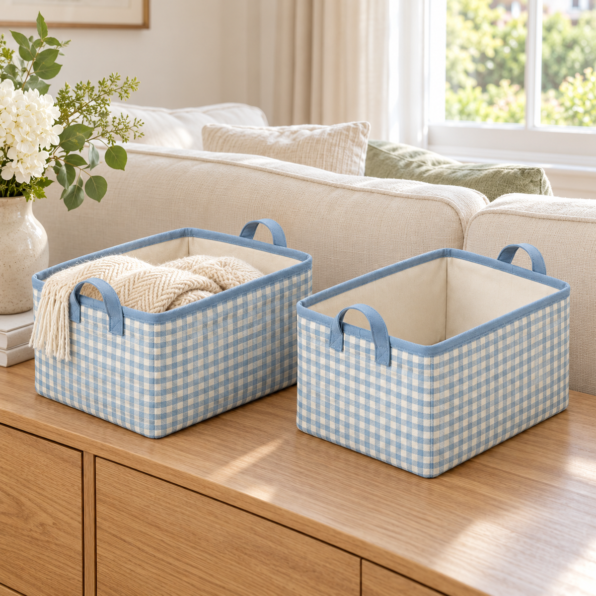 Blue Gingham Matching Pair Fabric Storage Baskets, 2-Piece Set in a home storage setting